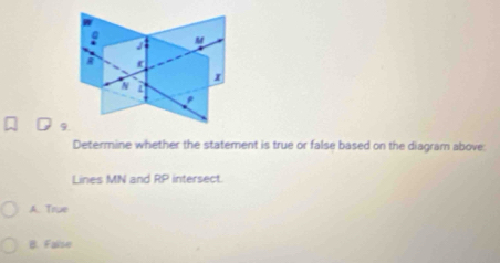 Determine whether the statement is true or false based on the diagram above:
Lines MN and RP intersect.
A. True
B. False