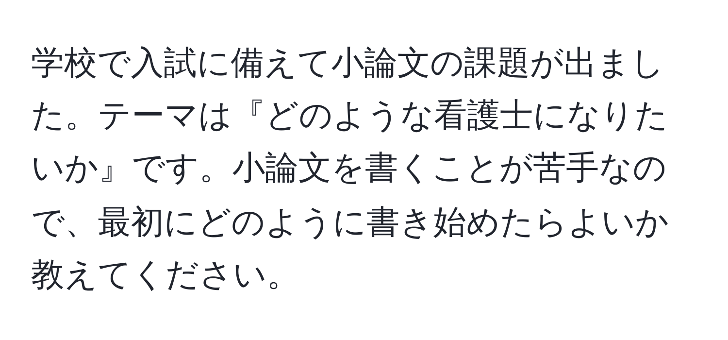 学校で入試に備えて小論文の課題が出ました。テーマは『どのような看護士になりたいか』です。小論文を書くことが苦手なので、最初にどのように書き始めたらよいか教えてください。