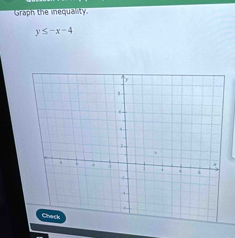 Graph the inequality.
y≤ -x-4