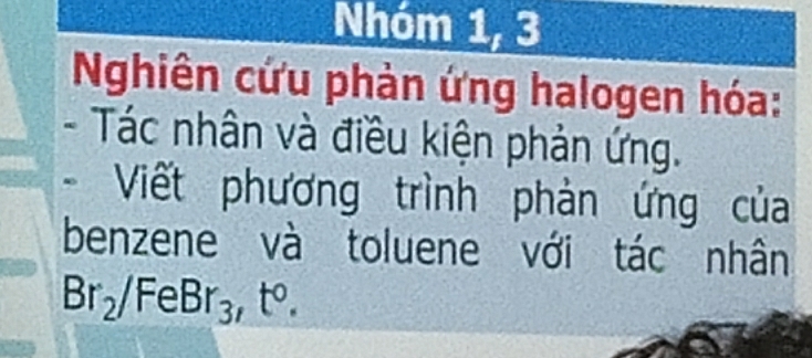 Nhóm 1, 3 
Nghiên cứu phàn ứng halogen hóa: 
- Tác nhân và điều kiện phản ứng. 
- Viết phương trình phản ứng của 
benzene và toluene với tác nhân
Br_2/FeBr_3, t°.