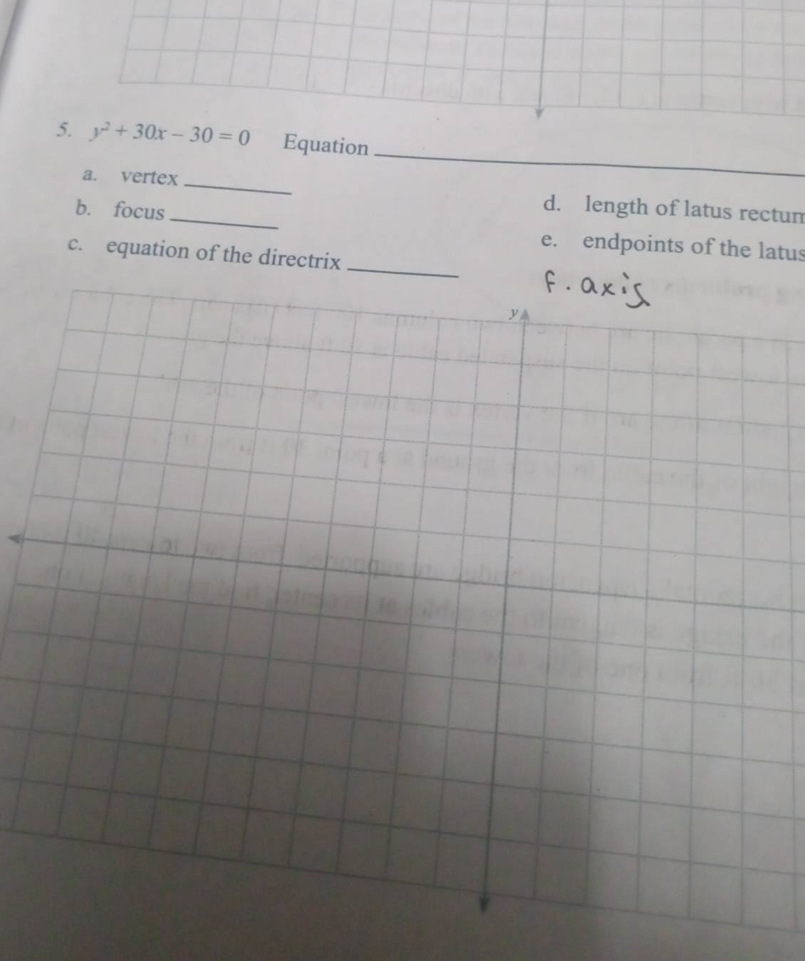 Equation
a. vertex_ _d. length of latus rectum
b. focus
_
e. endpoints of the latus
c. equation of the directrix