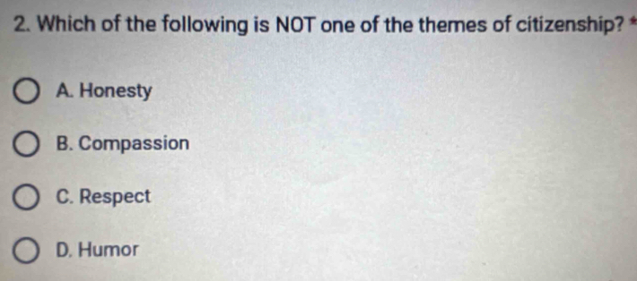 Which of the following is NOT one of the themes of citizenship? *
A. Honesty
B. Compassion
C. Respect
D. Humor