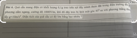 Quả cầu mang điện có khổi lượng 0, 1g treo trên sợi đây mành được đặt trong điện trường đều 
phương nằm ngang, cường độ 1000V/m, khi đó dây treo bị lệch một góc 45° so với phương thắng đù 
lấy g=10m/s^2. Điện tích của quả cầu có độ lớn bằng bao nhiêu ?