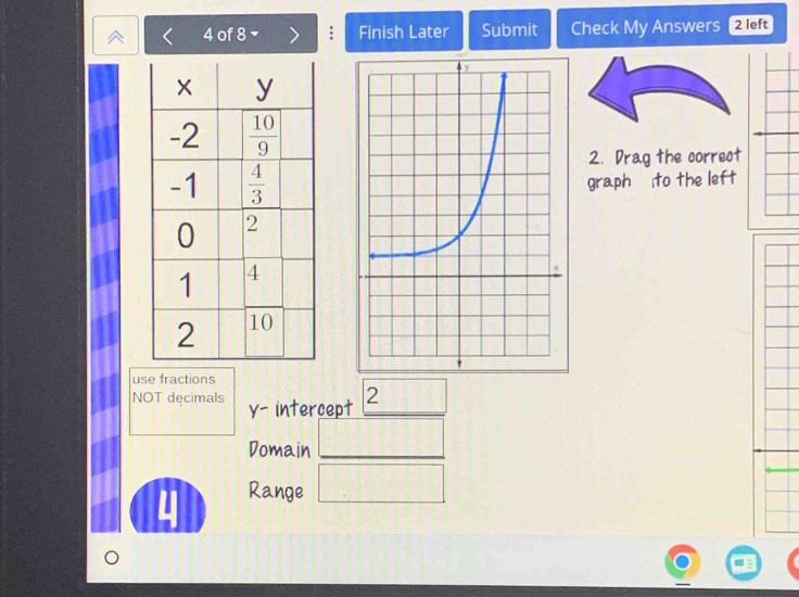 of 8 Finish Later Submit Check My Answers 2 left
2. Drag the correct
graph ito the left
use fractions
NOT decimals y- intercept 2
Domain _ 11111
Range □