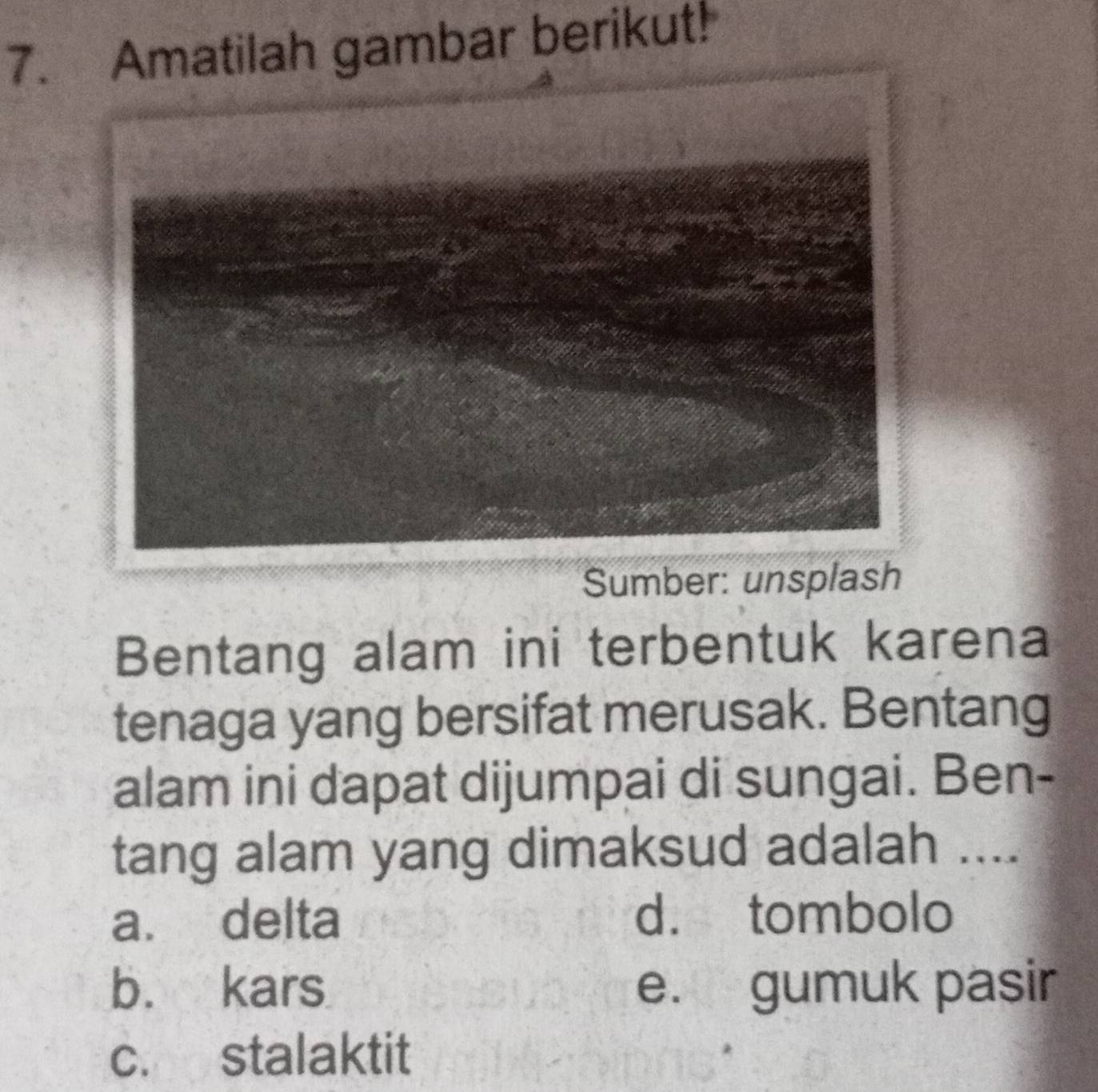 gambar berikut!
Sumber: unsplash
Bentang alam ini terbentuk karena
tenaga yang bersifat merusak. Bentang
alam ini dapat dijumpai di sungai. Ben-
tang alam yang dimaksud adalah ....
a. delta d. tombolo
b. kars e. gumuk pasir
c. stalaktit