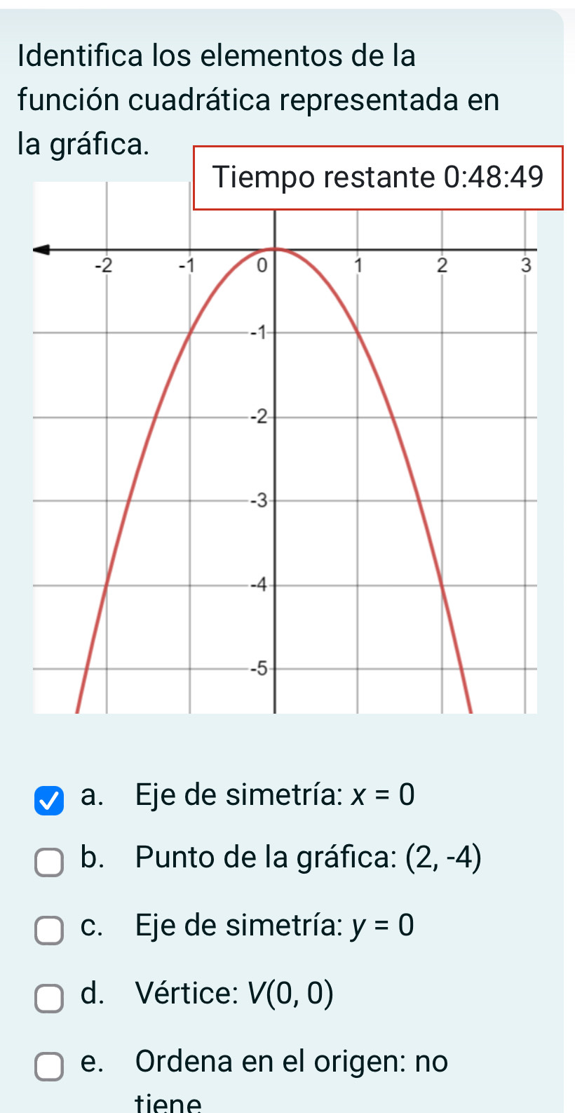 Identifica los elementos de la
función cuadrática representada en
la gráfica.
a. Eje de simetría: x=0
b. Punto de la gráfica: (2,-4)
c. Eje de simetría: y=0
d. Vértice: V(0,0)
e. Ordena en el origen: no
tiene