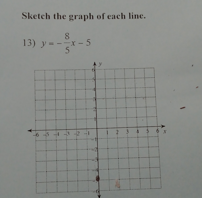 Sketch the graph of each line. 
13) y=- 8/5 x-5
6