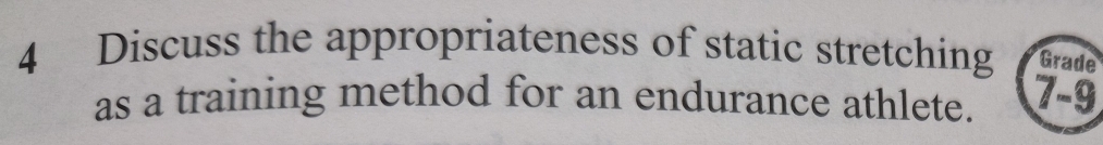 Discuss the appropriateness of static stretching Grade 
as a training method for an endurance athlete. 7-9