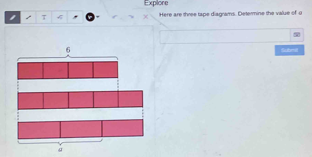 Explore 
T Here are three tape diagrams. Determine the value of α
Submit