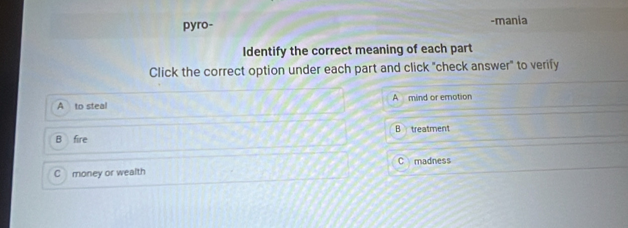 pyro-
-mania
Identify the correct meaning of each part
Click the correct option under each part and click "check answer" to verify
A to steal A mind or emotion
B treatment
B fire
C madness
C money or wealth