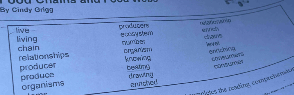 By Cindy Grigg
relationship
live producers
living ecosystem enrich
chains
chain number
level
relationships organism
enriching
producer knowing
consumers
produce beating
consumer
drawing
o te h eading omehensio 
organisms
enriched
rood
N en t g