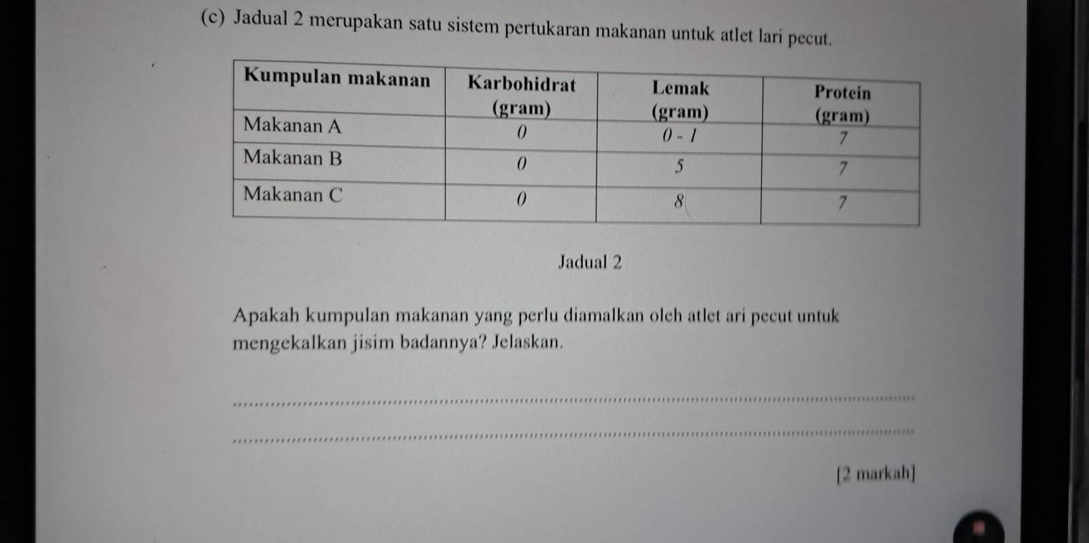 Jadual 2 merupakan satu sistem pertukaran makanan untuk atlet larí pecut. 
Jadual 2 
Apakah kumpulan makanan yang perlu diamalkan oleh atlet ari pecut untuk 
mengekalkan jisim badannya? Jelaskan. 
_ 
_ 
[2 markah]