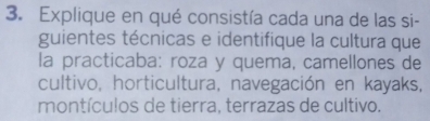 Explique en qué consistía cada una de las si- 
guientes técnicas e identifique la cultura que 
la practicaba: roza y quema, camellones de 
cultivo, horticultura, navegación en kayaks, 
montículos de tierra, terrazas de cultivo.