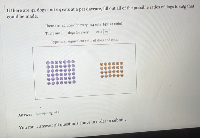 If there are 42 dogs and 24 cats at a pet daycare, fill out all of the possible ratios of dogs to cats that 
could be made. 
There are 4^2 dogs for every 24 cats (42:24 ratio) 
There are dogs for every cats try 
Type in an equivalent ratio of dogs and cats. 
Answer Attempt 1 out of 2 
You must answer all questions above in order to submit.