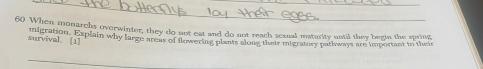 When monarchs overwinter, they do not eat and do not reach sexual maturity until they begin the spring 
survival. [1] migration. Explain why large areas of flowering plants along their migratory pathways are important to their 
_