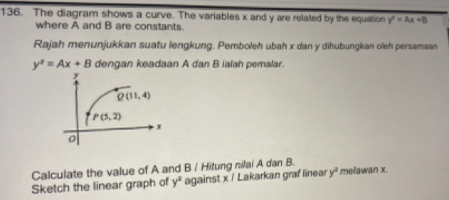 The diagram shows a curve. The variables x and y are related by the equation y^2=Ax+B
where A and B are constants.
Rajah menunjukkan suatu lengkung. Pemboleh ubah x dan y dihubungkan oleh persamaan
y^2=Ax+B dengan keadaan A dan B ialah pemalar.
Calculate the value of A and B / Hitung nilai A dan B.
Sketch the linear graph of y^2 against x / Lakarkan graf linear y^2 melawan x.