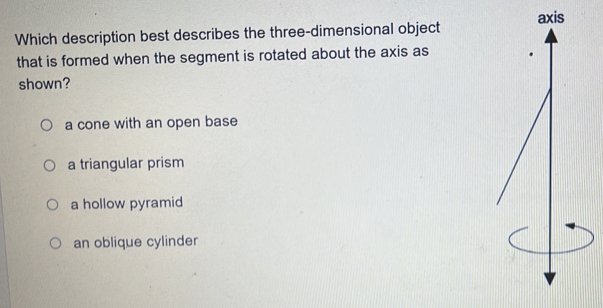 Which description best describes the three-dimensional object 
that is formed when the segment is rotated about the axis as
shown?
a cone with an open base
a triangular prism
a hollow pyramid
an oblique cylinder