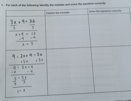 For each of the following identify the mistake and solve the equation correctly