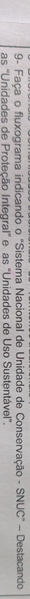 9- Faça o fluxograma indicando o “Sistema Nacional de Unidade de Conservação - SNUC” - Destacando 
as “Unidades de Proteção Integral” e as “Unidades de Uso Sustentável”.