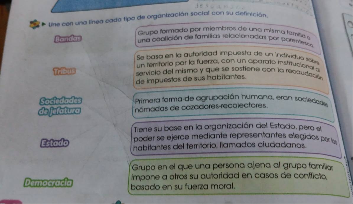 Une con una línea cada tipo de organización social con su definición.
Grupo formado por miembros de una misma familia 。
Bandas
una coalición de familias relacionadas por parentesco
Se basa en la autoridad impuesta de un individuo sobre
un territorio por la fuerza, con un aparato institucional al
Tribus servicio del mismo y que se sostiene con la recaudación
de impuestos de sus habitantes.
Sociedades Primera forma de agrupación humana, eran sociedades
de jefatura nómadas de cazadores-recolectores.
Tiene su base en la organización del Estado, pero el
Estado
poder se ejerce mediante representantes elegidos por los
habitantes del territorio, llamados ciudadanos.

Grupo en el que una persona ajena al grupo familiar
impone a otros su autoridad en casos de conflicto,
Democracia
basado en su fuerza moral.