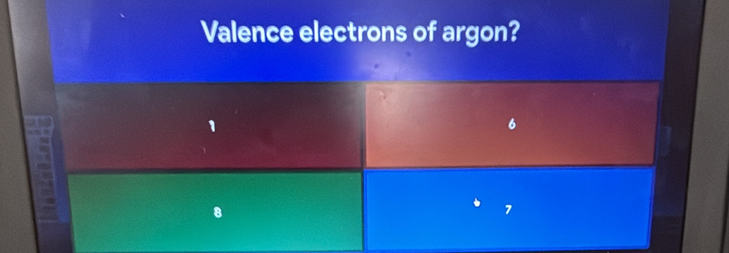 Valence electrons of argon?
9
8
7