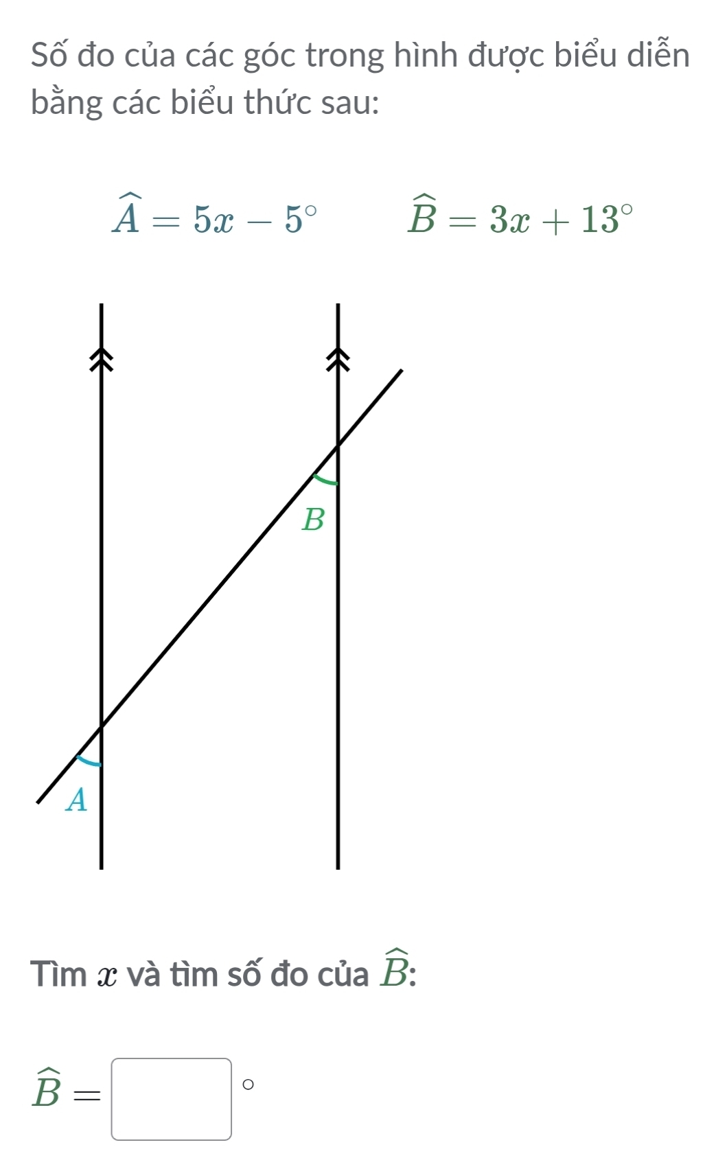 Số đo của các góc trong hình được biểu diễn 
bằng các biểu thức sau:
widehat A=5x-5°
widehat B=3x+13°
Tìm x và tìm số đo của hat B :
widehat B=□°