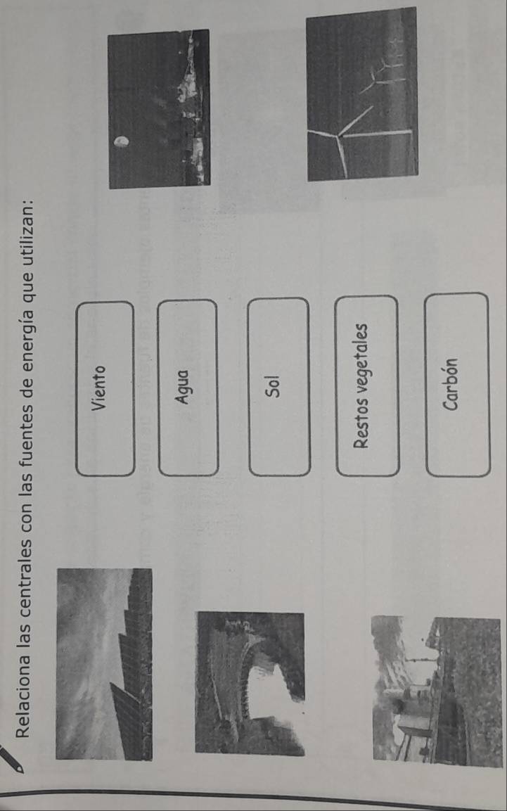 Relaciona las centrales con las fuentes de energía que utilizan:
Viento
Agua
Sol
Restos vegetales
Carbón