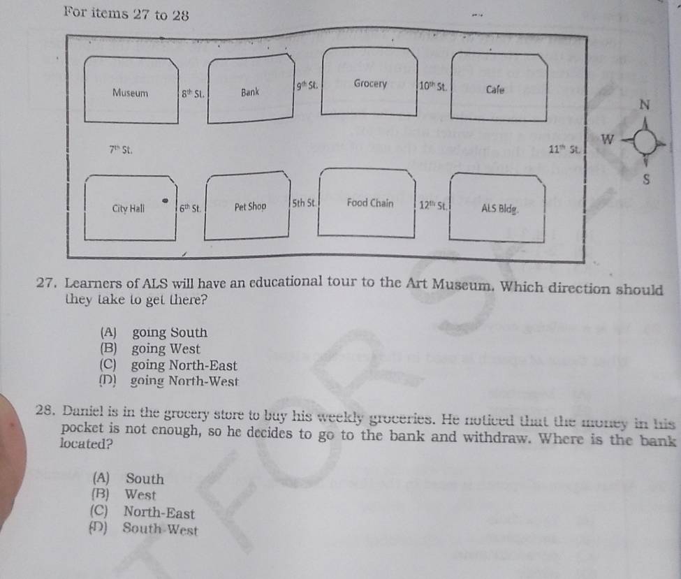 For items 27 to 28
Museum 8^(th)SL Bank g^(th)st. Grocery |10^(th)St. Cafe
N
w
7^(th) St. 11^(th) St.
S
City Hali 6^(th) ≤slant t Pet Shop 5th St Food Chain 12^(th)St. ALS Bldg.
27. Learners of ALS will have an educational tour to the Art Museum. Which direction should
they take to get there?
(A) going South
(B) going West
(C) going North-East
(D) going North-West
28. Daniel is in the grocery store to buy his weekly groceries. He noticed that the money in his
pocket is not enough, so he decides to go to the bank and withdraw. Where is the bank
located?
(A) South
(B) West
(C) North-East
(D) South West