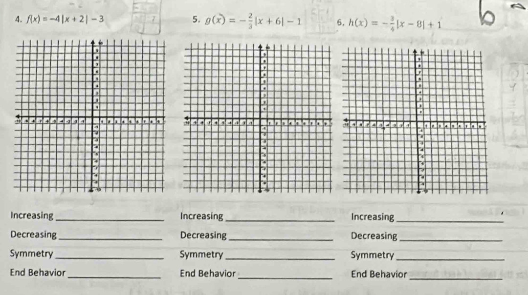 f(x)=-4|x+2|-3 7 5. g(x)=- 2/3 |x+6|-1 6. h(x)=- 3/4 |x-8|+1
Increasing _Increasing_ Increasing_
Decreasing_ Decreasing _Decreasing_
Symmetry_ Symmetry_ Symmetry_
_
End Behavior _End Behavior _End Behavior