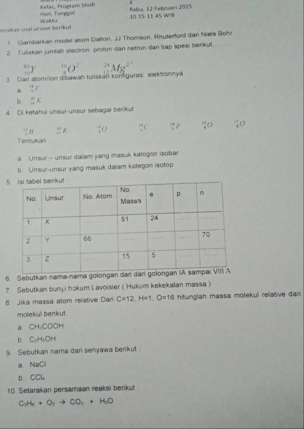 Kelas, Program Studi x 
Hari, Tanggal Rabu, 12 Februari 2025 
Waktu 10. 15 11 45 WiB 
erjakan soal uraian berikut . 
1 Gambarkan model atom Dalton, JJ Thomson, Rhuterford dan Niels Bohr 
2. Tuliskan jumlah electron, proton dan netron dan tiap spesi berkut.
_(30)^(80)Y 10 O^2
3. Dari atom/lon dibawah tuliskan konfiguras: elektronnya _(12)^(24)Mg^(2+)
a frac 1431F 
b. _(10)^(40)K
4 Di ketahui unsur-unsur sebagai berikut^(1^(12)B beginarray)r 40 19endarray K^(14)_1O _5^((14)C frac 14)9F  15/8 O  11/8 O
Tentukan 
a Unsur - unsur dalam yang masuk kategon isobar 
b Unsur-unsur yang masuk dalam kategori isotop 
6. Sebutkan nama-nama golo 
7. Sebutkan bunyi hokum L avoisier ( Hukum kekekalan massa ) 
8. Jika massa atom relative Dari C=12, H=1, O=16 hitunglah massa molekul relative dan 
molekul berikut. 
a CH_3COOH
b. C_2H_5OH
9 Sebutkan nama dari senyawa berikut 
a. NaCl
b. CCl_4
10. Setarakan persamaan reaksi berikut
C_3H_n+O_2to CO_2+H_2O