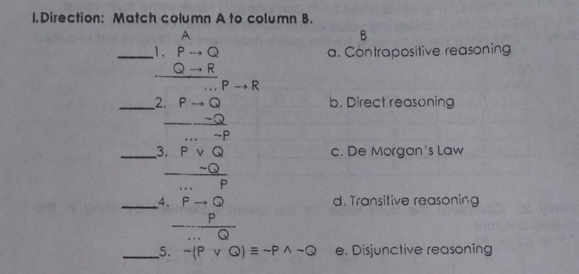 Direction: Match column A to column B.
B
a. Contrapositive reasoning
___ beginarrayr 3x-5 -5 9-5-12x-53=-18 hline 3x+50endarray b. Direct reasoning
_4 beginarrayr p1.p^o -∈fty endarray beginarrayr to^(... p p-q hline 0endarray) 
c. De Morgan's Law
d. Transitive reasoning
_5. sim (Pvee Q)equiv sim Pwedge sim Q e. Disjunctive reasoning