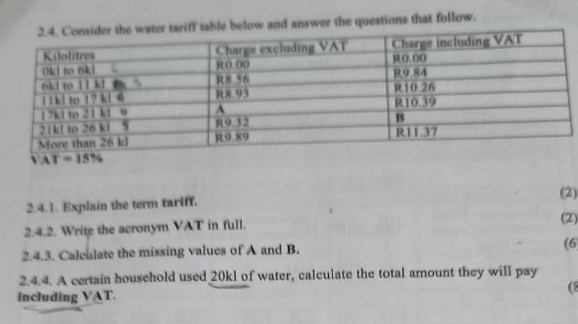 ow and answer the questions that follow.
(2)
2.4.1. Explain the term tariff.
2.4.2. Write the acronym VAT in full.
(2)
2.4.3. Calculate the missing values of A and B.
(6
2.4.4. A certain household used 20kl of water, calculate the total amount they will pay
(8
including VAT.