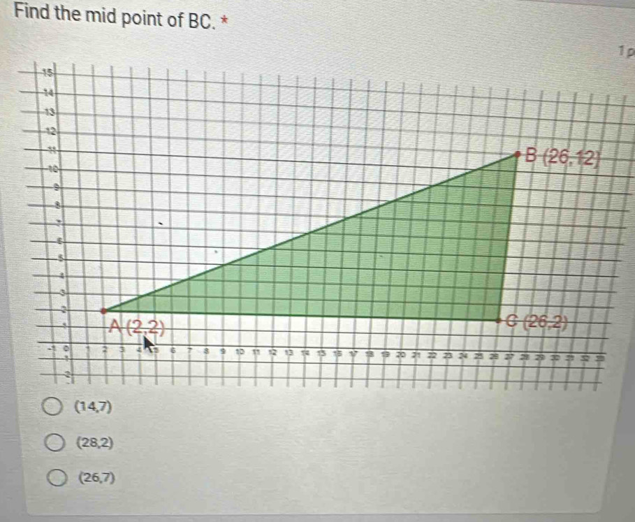 Find the mid point of BC. *
1p
(28,2)
(26,7)