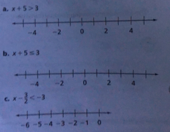 x+5>3
b. x+5≤ 3
-4
c. x- 3/2 