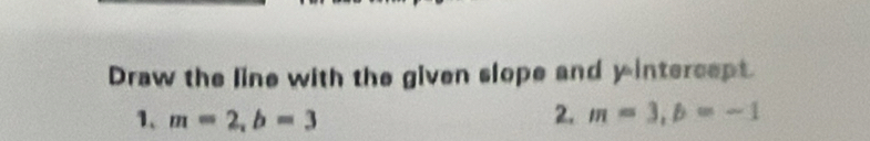 Draw the line with the given slope and y intercept. 
2. 
1、 m=2, b=3 m=3, b=-1