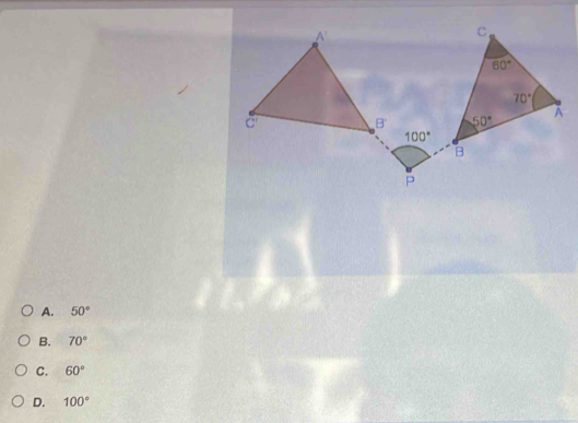 A. 50°
B. 70°
C. 60°
D. 100°