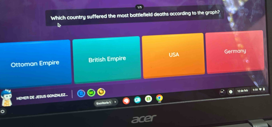 Which country suffered the most battlefield deaths according to the graph?
USA Germany
Ottoman Empire British Empire
12 de feb
HEMER DE JESUS GONZALEZ..
Escritorio 1