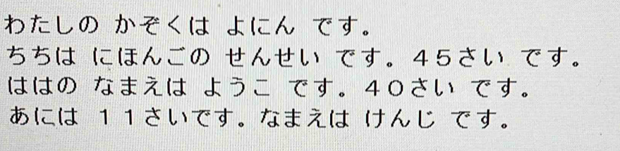 わたしの かぞくは よにん です。 
ちちは にほんごの せんせい です。 45さい です。 
ははの なまえは ようこ です。 40さい です。 
あには 11さいです。なまえは けんじ です。