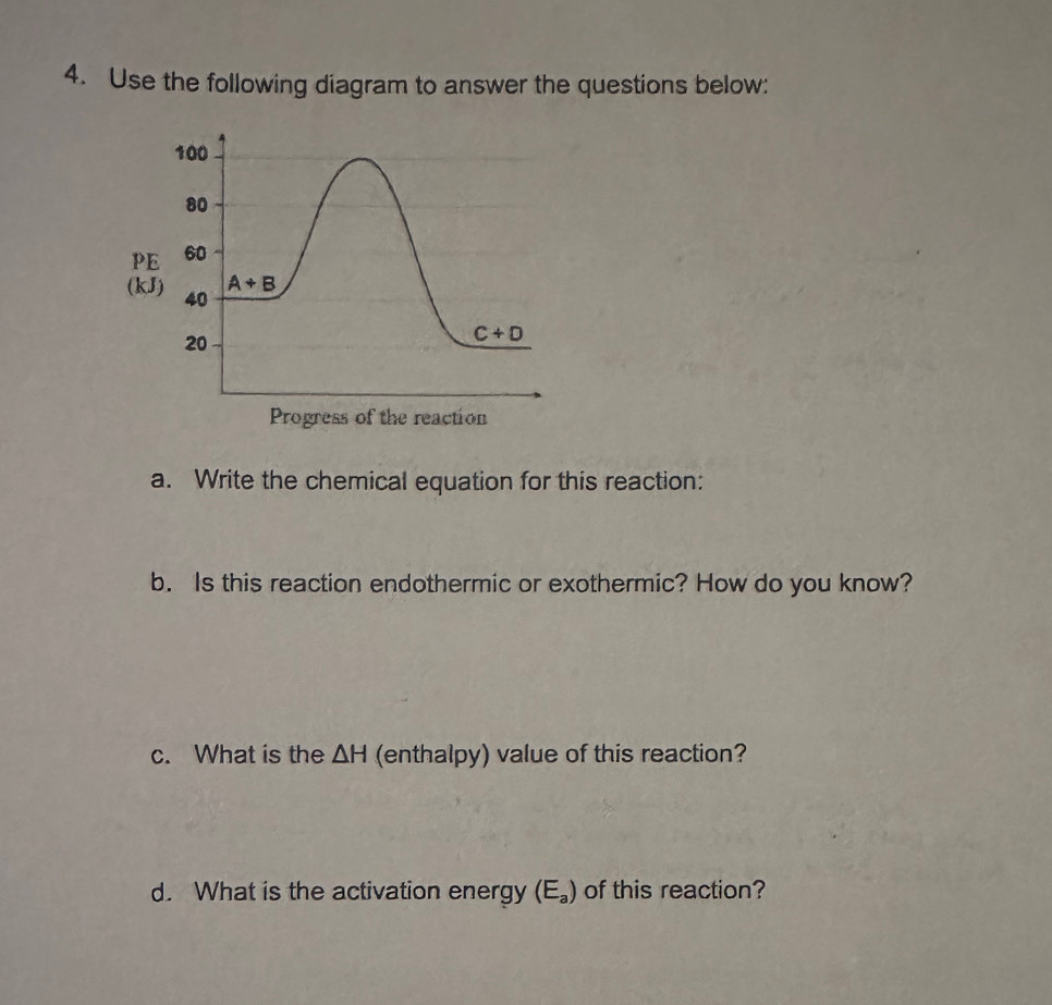 Use the following diagram to answer the questions below:
100
80
PE 60
A+B
(kJ) 40
20
C+D
Progress of the reaction 
a. Write the chemical equation for this reaction: 
b. Is this reaction endothermic or exothermic? How do you know? 
c. What is the △ H (enthalpy) value of this reaction? 
d. What is the activation energy (E_a) of this reaction?