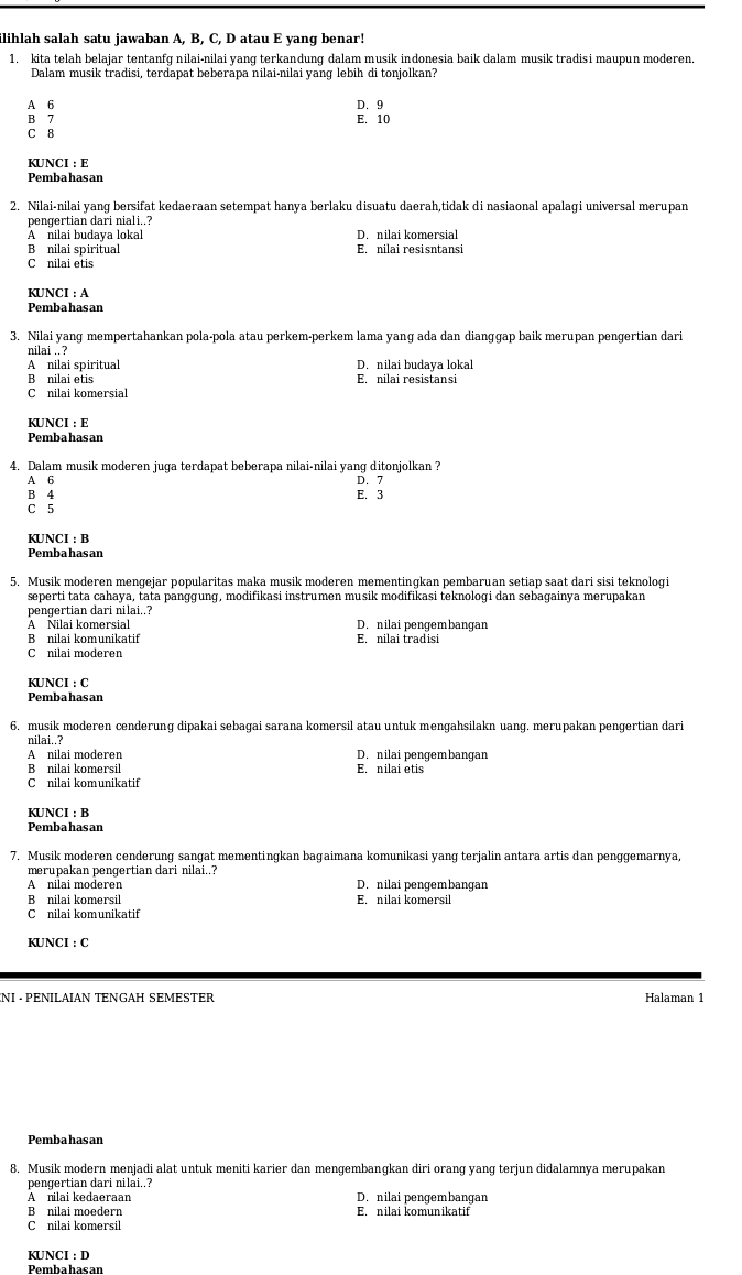 ilihlah salah satu jawaban A, B, C, D atau E yang benar!
1. kita telah belajar tentanfg nilai-nilai yang terkandung dalam musik indonesia baik dalam musik tradisi maupun moderen.
Dalam musik tradisi, terdapat beberapa nilai-nilai yang lebih di tonjolkan?
A 6
B 7 E. 10 D. 9
C 8
KUNCI : E
Pembahasan
2. Nilai-nilai yang bersifat kedaeraan setempat hanya berlaku disuatu daerah,tidak di nasiaonal apalagi universal merupan
pengertian dari niali..?
A nilai budaya loka D. nilai komersial
B nilai spiritual E nilai resisntansi
C nilai etis
KUNCI : A
Pembahasan
3. Nilai yang mempertahankan pola-pola atau perkem-perkem lama yang ada dan dianggap baik merupan pengertian dari
nilai ..?
A nilai spiritual D. nilai budaya lokal
B nilai etis E. nilai resistansi
C nilai komersial
KUNCI : E
Pembahasan
4. Dalam musik moderen juga terdapat beberapa nilai-nilai yang ditonjolkan ?
A 6 D. 7
B 4 E. 3
C 5
KUNCI : B
Pembahasan
5. Musik moderen mengejar popularitas maka musik moderen mementingkan pembaruan setiap saat dari sisi teknologi
seperti tata cahaya, tata panggung, modifikasi instrumen musik modifikasi teknologi dan sebagainya merupakan
pengertian dari nilai..?
A Nilai komersial D. nilai pengembangan
B nilai komunikatif E. nilai tradisi
Cnilai moderen
KUNCI : C
Pembahasan
6. musik moderen cenderung dipakai sebagai sarana komersil atau untuk mengahsilakn uang. merupakan pengertian dari
nilai..?
A nilai moderen D. nilai pengembangan
B nilai komersil E. nilai etis
C nilai komunikatif
KUNCI : B
Pembahasan
7. Musik moderen cenderung sangat mementingkan bagaimana komunikasi yang terjalin antara artis dan penggemarnya,
merupakan pengertian dari nilai..?
A nilai moderen D. nilai pengembangan
B nilai komersil E. nilai komersil
C nilai komunikatif
KUNCI: C
NI · PENILAIAN TENGAH SEMESTER Halaman 1
Pembahasan
8. Musik modern menjadi alat untuk meniti karier dan mengembangkan diri orang yang terjun didalamnya merupakan
pengertian dari nilai..?
A nilai kedaeraan D. nilai pengembangan
B nilai moedern
C nilai komersil
KUNCI : D
Pembahasan