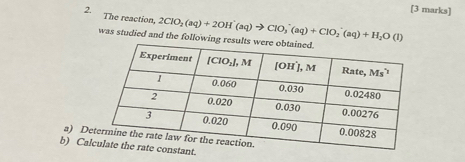 The reaction, 2ClO_2(aq)+2OH^-(aq)to ClO_3^(-(aq)+ClO_2^-(aq)+H_2)O(l)
was studied and the following res
a) De
b) Cal