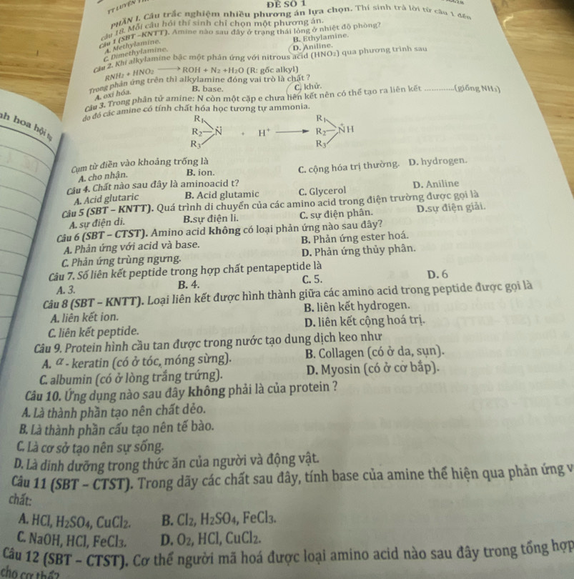 it lUYenI
ĐÈ SO 1
PHầN 1. Cầu trắc nghiệm nhiều phương án lựa chọn. Thí sinh trả lời từ cầu 1 đến
câu 18. Mỗi câu hỏi thí sinh chỉ chọn một phương án
Cầu 1 (SBT -KNTT). Amine nào sau đây ở trạng thái lỏng ở nhiệt độ phòng
B. Ethylamine.
C. Dimethylamine. A. Methylamine.
(HNO_2)
Cầu 2. Khi alkylamine bậc một phản ứng với nitrous acid D. Aniline. ) qua phương trinh sau
rong phần ứng trên thi alkylamine đóng vai trò là chất ? RNH_2+HNO_2to ROH+N_2+H_2O (R: gốc alkyl)
B. base. C. khử.
A. oxi hóa.
Cậu 3. Trong phân tử amine: N còn một cặp e chưa liên kết nên có thể tạo ra liên kết _ ( giống NH₃)
đã đó các amine có tính chất hóa học tương tự ammonia
R_1
R_1
h hoa hội n
R_2 N + H^+ R_2- NH
R_3
R_3
Cụm từ điền vào khoảng trống là
A. cho nhận. B. ion.
Câu 4. Chất nào sau đây là aminoacid t? C. cộng hóa trị thường. D. hydrogen.
A. Acid glutaric B. Acid glutamic C. Glycerol D. Aniline
Câu 5 (SBT - KNTT). Quá trình di chuyển của các amino acid trong điện trường được gọi là
A. sự điện di. Bsự điện li. C. sự điện phân. D.sự điện giải.
Câu 6 (SBT - CTST). Amino acid không có loại phản ứng nào sau đây?
A. Phản ứng với acid và base. B. Phản ứng ester hoá.
C. Phản ứng trùng ngưng. D. Phản ứng thủy phân.
Câu 7. Số liên kết peptide trong hợp chất pentapeptide là D. 6
A. 3. B. 4.
C. 5.
Câu 8 (SBT - KNTT). Loại liên kết được hình thành giữa các amino acid trong peptide được gọi là
A. liên kết ion. B. liên kết hydrogen.
C. liên kết peptide. D. liên kết cộng hoá trị.
Câu 9. Protein hình cầu tan được trong nước tạo dung dịch keo như
A. ª - keratin (có ở tóc, móng sừng). B. Collagen (có ở da, sụn).
C. albumin (có ở lòng trắng trứng). D. Myosin (có ở cỡ bắp).
Câu 10. Ứng dụng nào sau đây không phải là của protein ?
A. Là thành phần tạo nên chất dẻo.
B. Là thành phần cấu tạo nên tế bào.
C. Là cơ sở tạo nên sự sống.
D. Là dinh dưỡng trong thức ăn của người và động vật.
Cầu 11 (SBT - CTST). Trong dãy các chất sau đây, tính base của amine thế hiện qua phản ứng và
chất:
A. H Cl,H_2SO_4 , Cu C B. Cl_2,H_2SO_4,FeCl_3.
C. NaOH, HCl, FeCl₃. D. O_2,HCl,CuCl_2.
Câu 1 (SBT - CTST). Cơ thế người mã hoá được loại amino acid nào sau đây trong tổng hợp
cho cơ thể?
