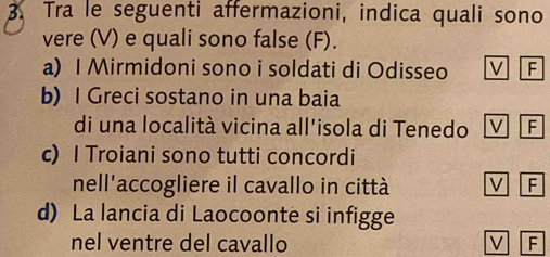 Tra le seguenti affermazioni, indica quali sono
vere (V) e quali sono false (F).
a) I Mirmidoni sono i soldati di Odisseo V F
b) I Greci sostano in una baia
di una località vicina all'isola di Tenedo
c) I Troiani sono tutti concordi
nell'accogliere il cavallo in città V F
d) La lancia di Laocoonte si infigge
nel ventre del cavallo V F