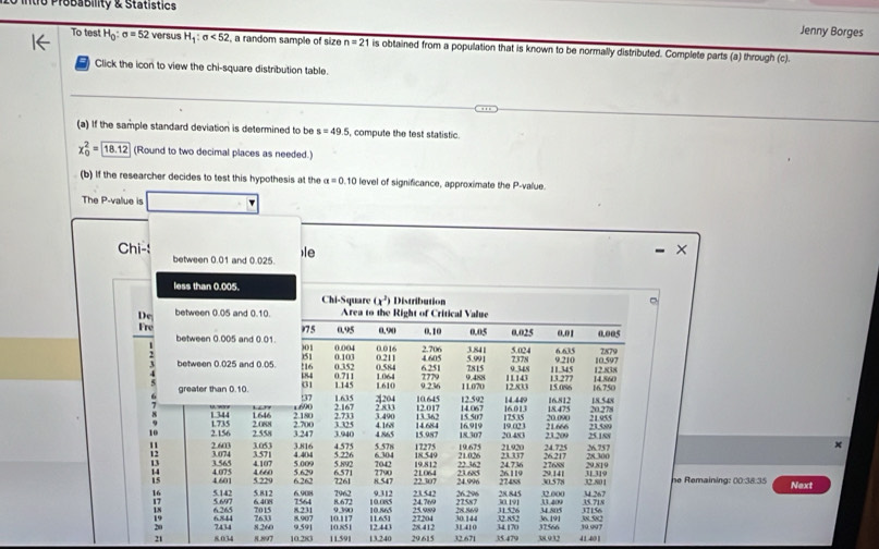 Probability & Statistics
Jenny Borges
To test H_0:sigma =52 versus H_1:sigma <52</tex> , a random sample of size n=21 is obtained from a population that is known to be normally distributed. Complete parts (a) through (c).
Click the icon to view the chi-square distribution table.
(a) If the sample standard deviation is determined to be s=49.5 compute the test statistic.
x_0^(2=18.12) (Round to two decimal places as needed.)
(b) If the researcher decides to test this hypothesis at the alpha =0.10 level of significance, approximate the P-value.
The P-value is
)le
Chi-! between 0.01 and 0.025.
less than 0.005. Chi-Square (x^2) Distribution
De between 0.05 and 0.10. Area to the Right of Critical Value
175 0.95 0.90 0.10 0.05 0.025 0.01 0.005
between 0.005 and 0.01. 001 0.004 0.016 2.706 3.841 5.991 10.597
5.024 6 635 2879
3 between 0.025 and 0.05. !16 )51 0.103 0.352 0.211 6.251 4.605 0.488 7815 9.348 7378 11.345 9.210 12.838
84 0.711 0.584
1.064 2779 11143 13.277 14.860
greater than 0.10. G1 1.635 1.145 1.610 2204 10.645 0.236 12.592 11.070 14.449 12.833 16.812 15.086 18 548 16.750
37
1.344 1.646 2.180 1.690 2.733 2.167 2.833 12.017 14.067 16.013 18.475 20.278
3.490 20.090
10 2.156 1.735 3 088 2.700 3.325 4.865 4.168 14.684 13.362 18.307 16.919 15.507 20.483 17535 19.023 23.200 21.666 25.188 21.955 21580
2.558 3.247 1.940 15.987
2.603 3.053 3.816 4.575 5.578 17275 19.675 21920
13 3.565 3.074 3.571 4.404 5 226 5.892 6 304 7042 18 549 19.812 21.026 22.362 24.736 23.337 27688 26.217 24.725 29,819 28.300 26.757
4.660 4107 5.009
5.629
14 4.075 4.601 5 220 6 262 7261 6.571 8.547 2790 21064 22.307 23.685 24.996 26.119 27488 30.578 29.141 32 801 11319 he Remaining: 00:38:35 Next
15
7962 9.312 23.542 26.296 28.845 32.000 34 267
16 5.142 5.812 6.408 6.908 7564 8.672 9.390
6 265 8.231 10.085 10.865 24.769 25.989 27587 28.569 30.191 33.409 15.71s
17 5.697 7015 7631 8.907 10.117 30.144 6 191
20 7434 6844 8.260 9.591 10.851 12.443 11651 28 412 27204 31 410 34 170 32.852 11.526 37566 34.805 10.997 37156
21 8.034 8.897 10.283 11.591 13.240 29.615 32.671 35.479 3 01 41.401