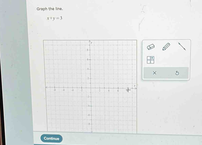 Graph the line.
x+y=3
× 
Continue