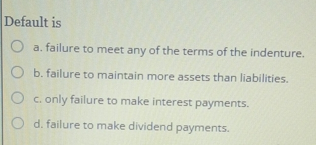 Default is
a. failure to meet any of the terms of the indenture.
b. failure to maintain more assets than liabilities.
c. only failure to make interest payments.
d. failure to make dividend payments.