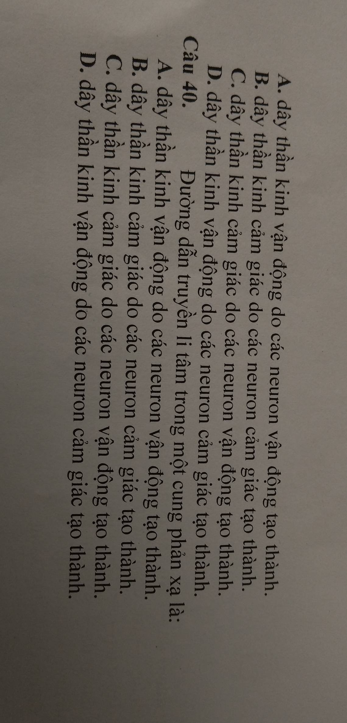 A. dây thần kinh vận động do các neuron vận động tạo thành.
B. dây thần kinh cảm giác do các neuron cảm giác tạo thành.
C. dây thần kinh cảm giác do các neuron vận động tạo thành.
D. dây thần kinh vận động do các neuron cảm giác tạo thành.
Câu 40. Đường dẫn truyền li tâm trong một cung phản xạ là:
A. dây thần kinh vận động do các neuron vận động tạo thành.
B. dây thần kinh cảm giác do các neuron cảm giác tạo thành.
C. dây thần kinh cảm giác do các neuron vận động tạo thành.
D. dây thần kinh vận động do các neuron cảm giác tạo thành.