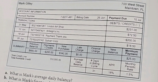 Mark Gilley
700 W 
daily balance? 
What is Mark's fina