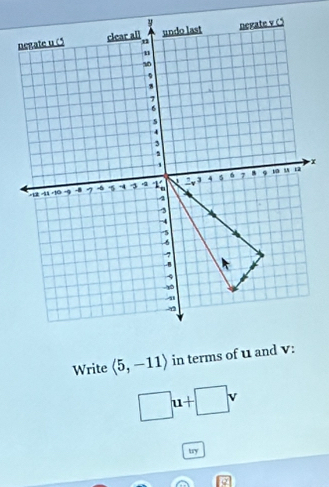 Write langle 5,-11rangle in terms of u and v :
□ u+□ v
try