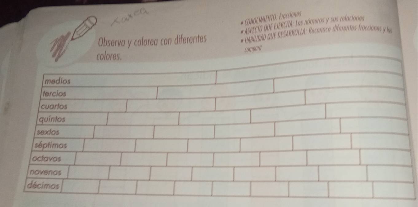 ( 
CONOCIMIENTO: Fracciones 
ASPECTO QUE EIERCIIA: Los números y sus relaciones 
Observa y colorea con diferentes 
HABILIDAD QUE DESARROLLA: Reconoce diferentes fracciones y las 
a